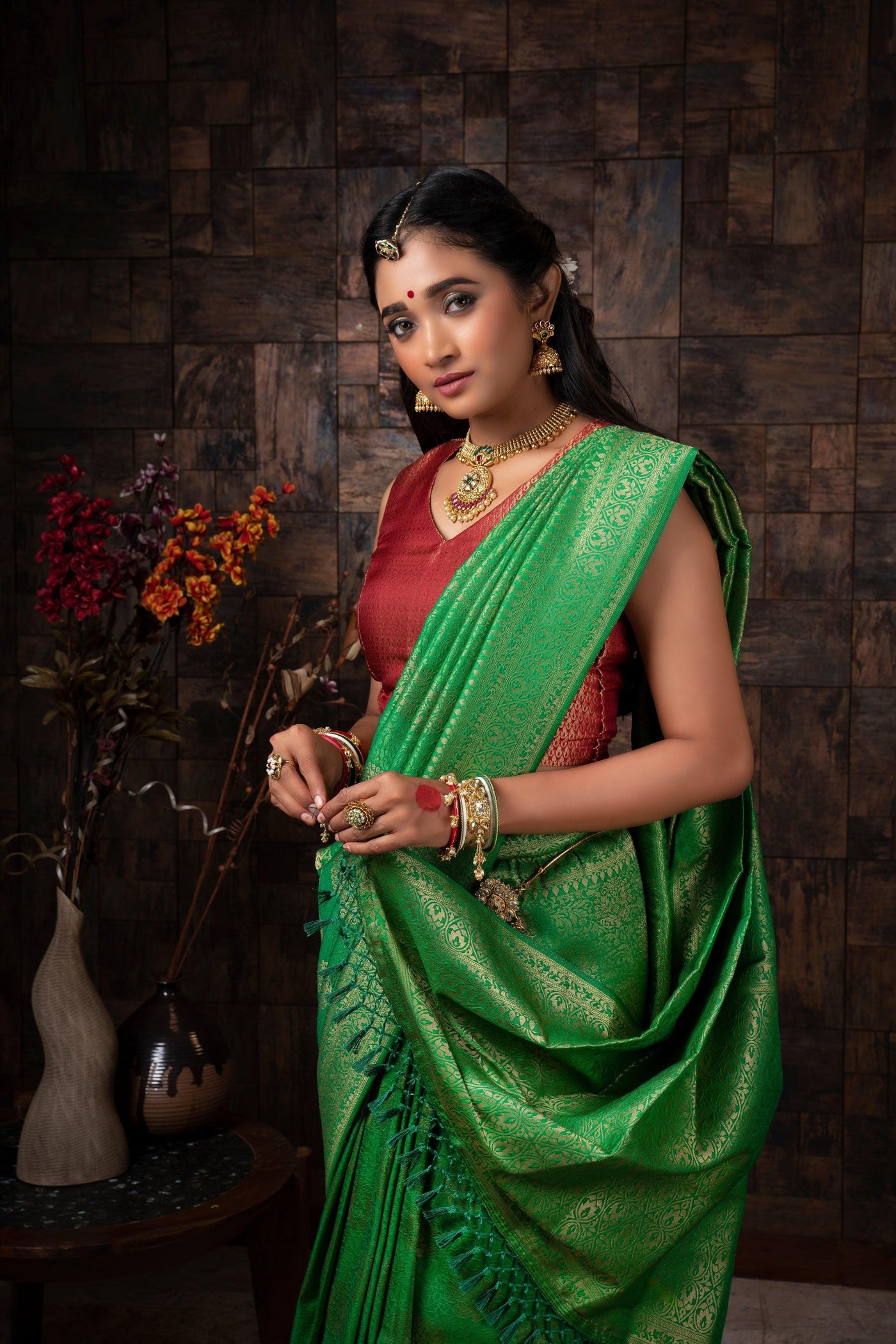 Clover Green Golden Zari Kanjeevaram Silk Saree - House of Vardha