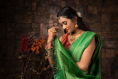 Clover Green Golden Zari Kanjeevaram Silk Saree - House of Vardha