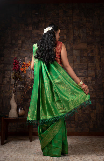 Clover Green Golden Zari Kanjeevaram Silk Saree - House of Vardha