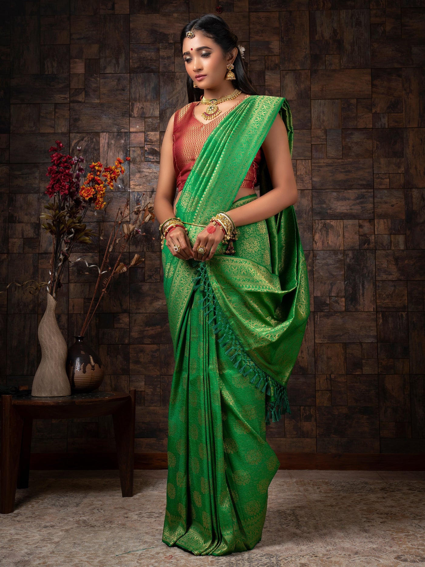 Clover Green Golden Zari Kanjeevaram Silk Saree - House of Vardha