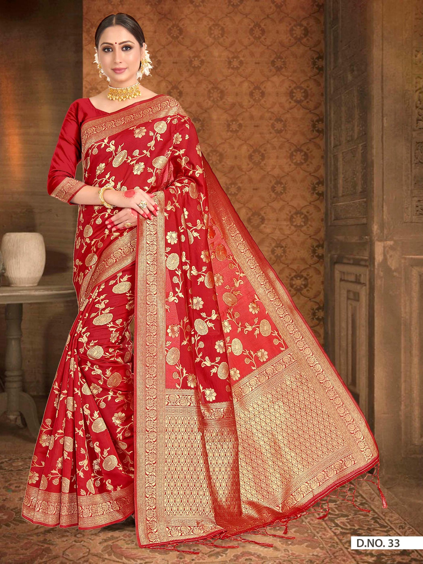 Crimson Red Woven Banarasi Saree - House of Vardha