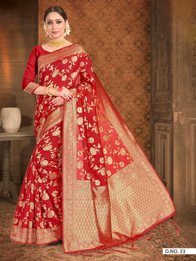 Crimson Red Woven Banarasi Saree - House of Vardha