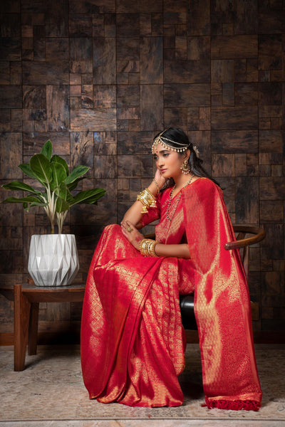 Candy Apple Red Golden Zari Kanjeevaram Silk Saree - House of Vardha