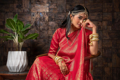 Candy Apple Red Golden Zari Kanjeevaram Silk Saree - House of Vardha