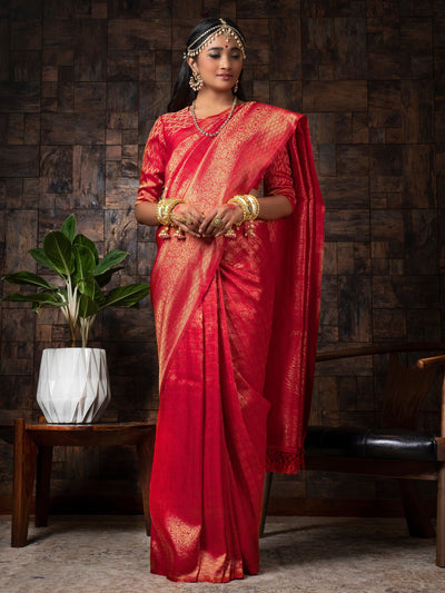 Candy Apple Red Golden Zari Kanjeevaram Silk Saree - House of Vardha