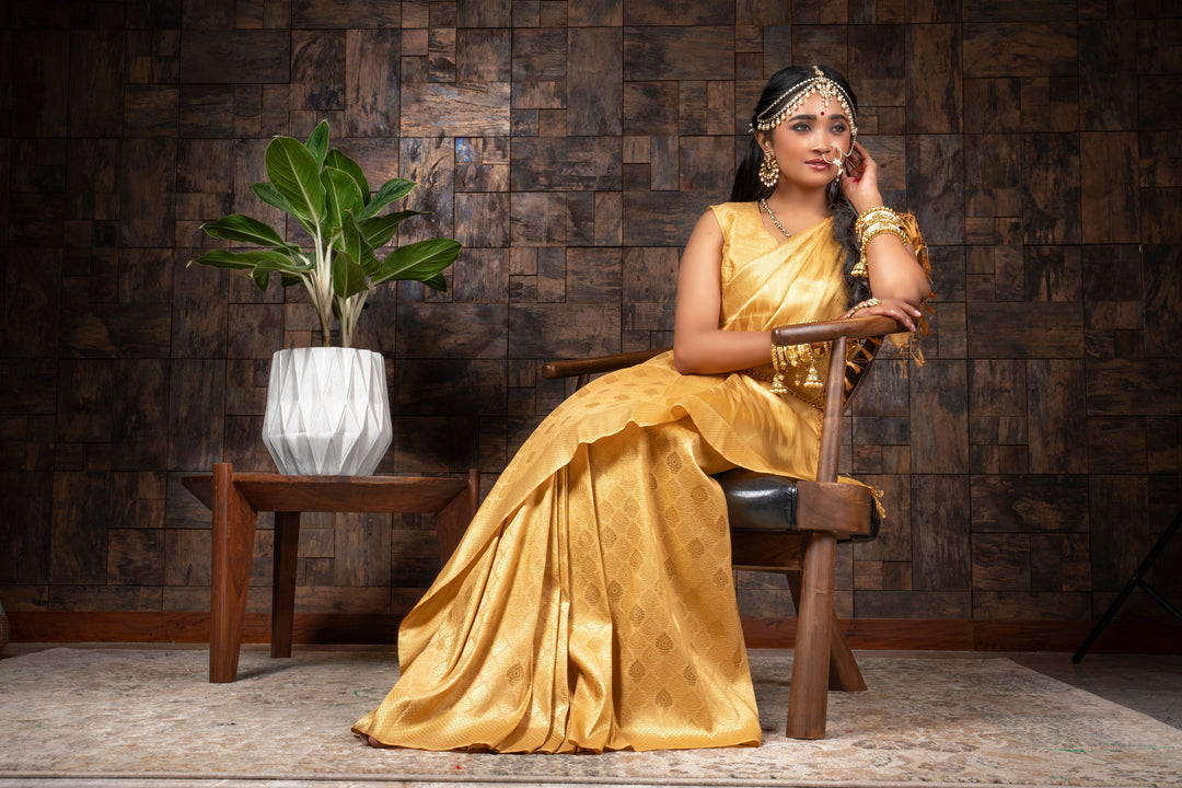 Tuscan Yellow Golden Zari Kanjeevaram Silk Saree