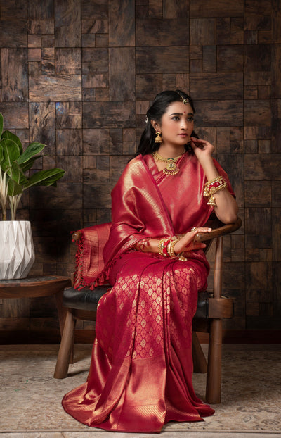 Persian Red Golden Zari Kanjeevaram Silk Saree