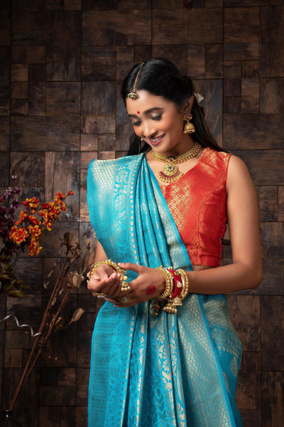 Azure Blue Golden Zari Kanjeevaram Silk Saree - House of Vardha