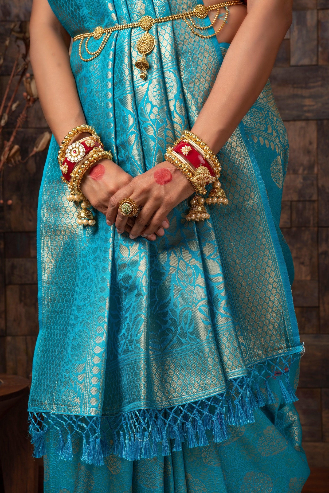 Azure Blue Golden Zari Kanjeevaram Silk Saree - House of Vardha