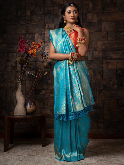 Azure Blue Golden Zari Kanjeevaram Silk Saree - House of Vardha