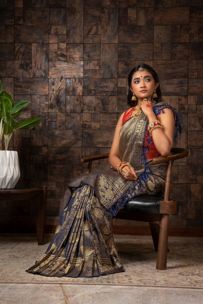 Sapphire Blue Golden Zari Kanjeevaram Silk Saree