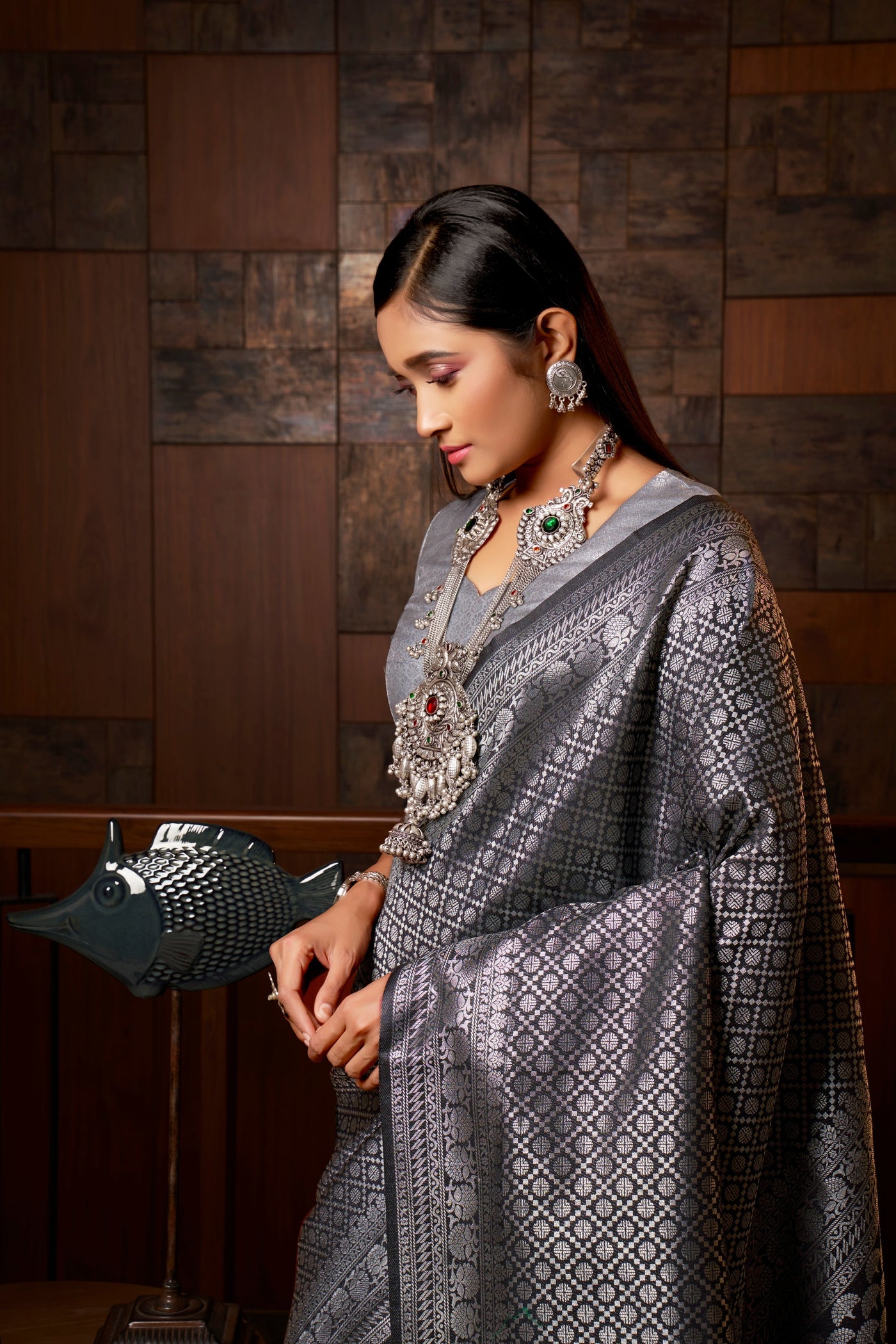 Platinum Grey Silver Zari Kanjeevaram Silk Saree