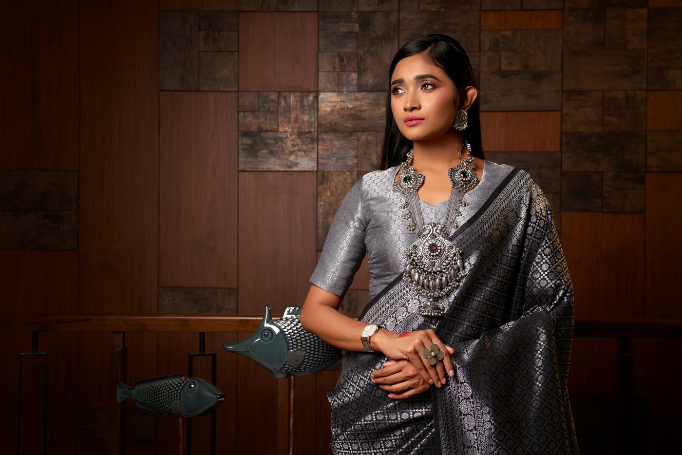 Platinum Grey Silver Zari Kanjeevaram Silk Saree