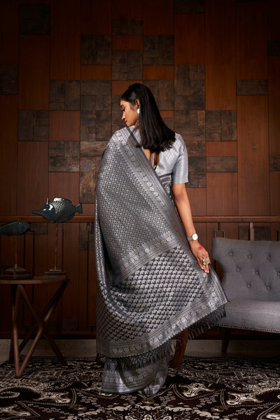 Platinum Grey Silver Zari Kanjeevaram Silk Saree