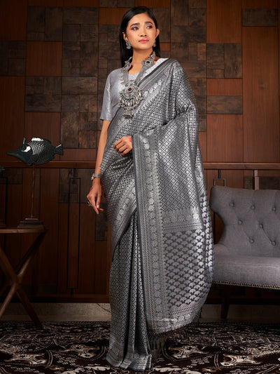 Platinum Grey Silver Zari Kanjeevaram Silk Saree