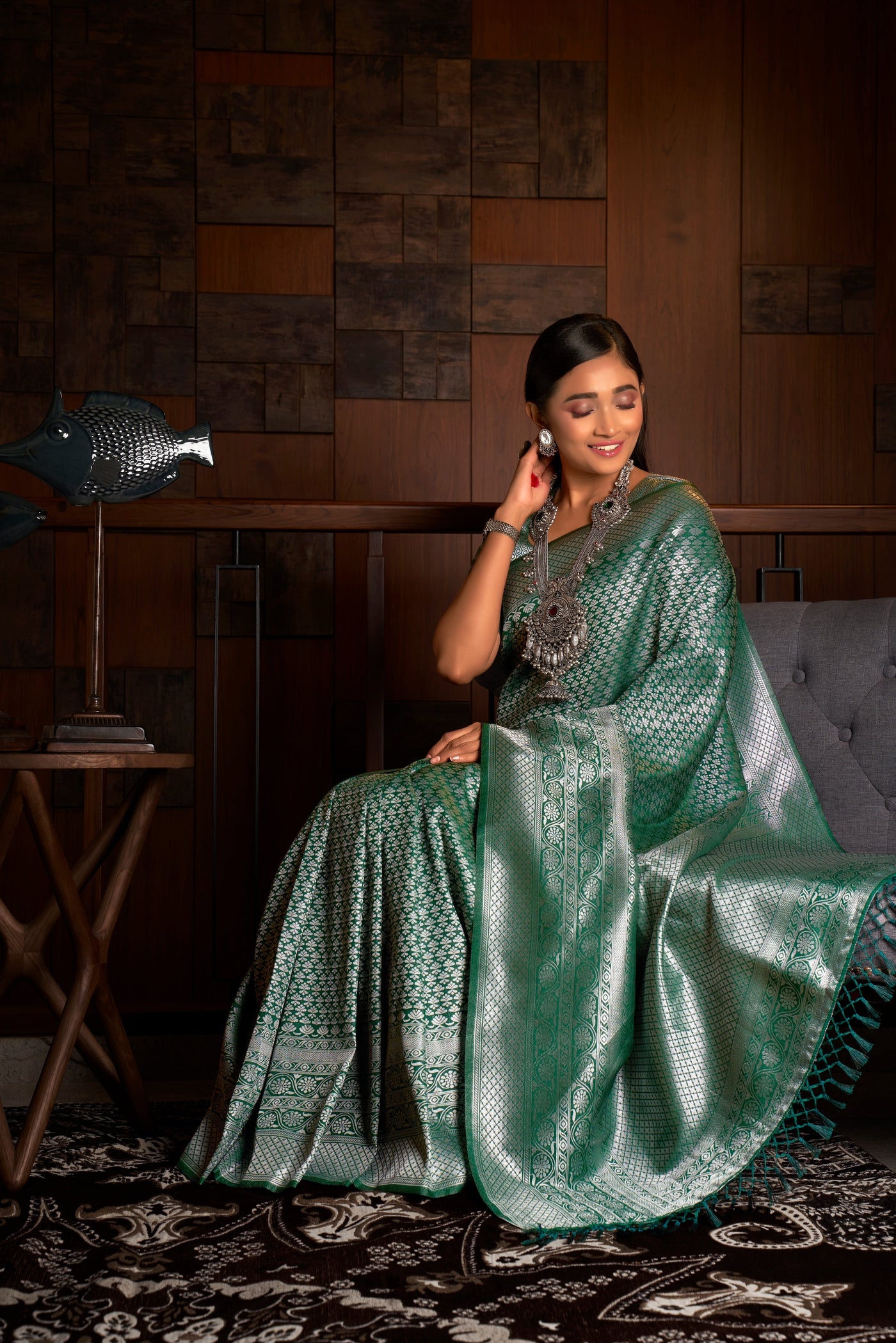 Buy HOUSE OF BEGUM Bottle Green Katan Silk Bottle Green With Silver Zari  Work with Blouse Piece | Shoppers Stop