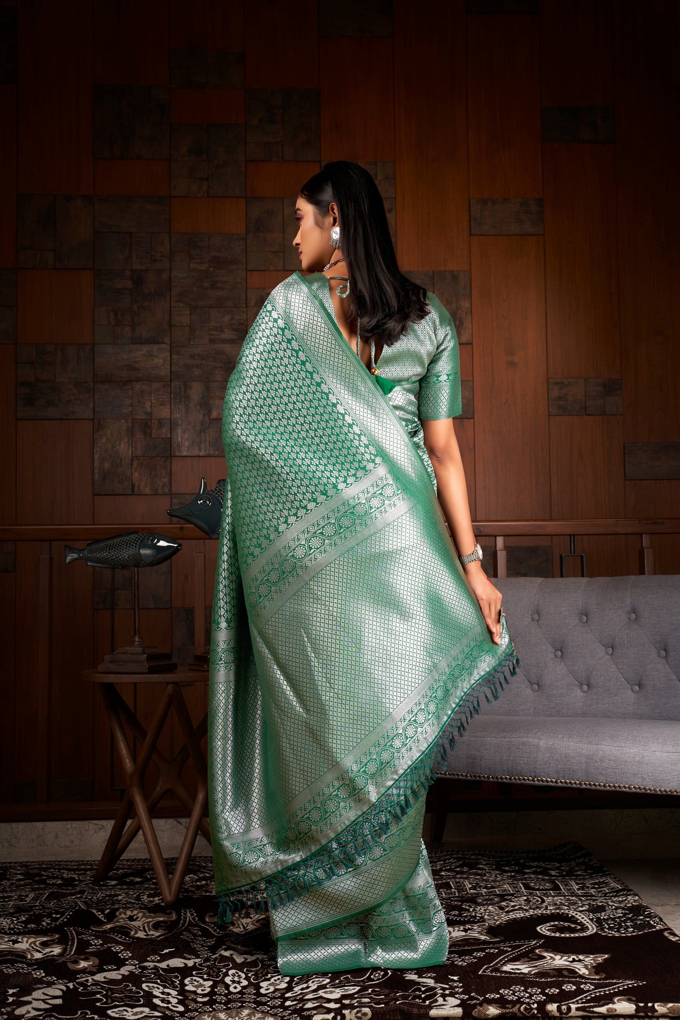 Teal Green Silver Zari Kanjeevaram Silk Saree