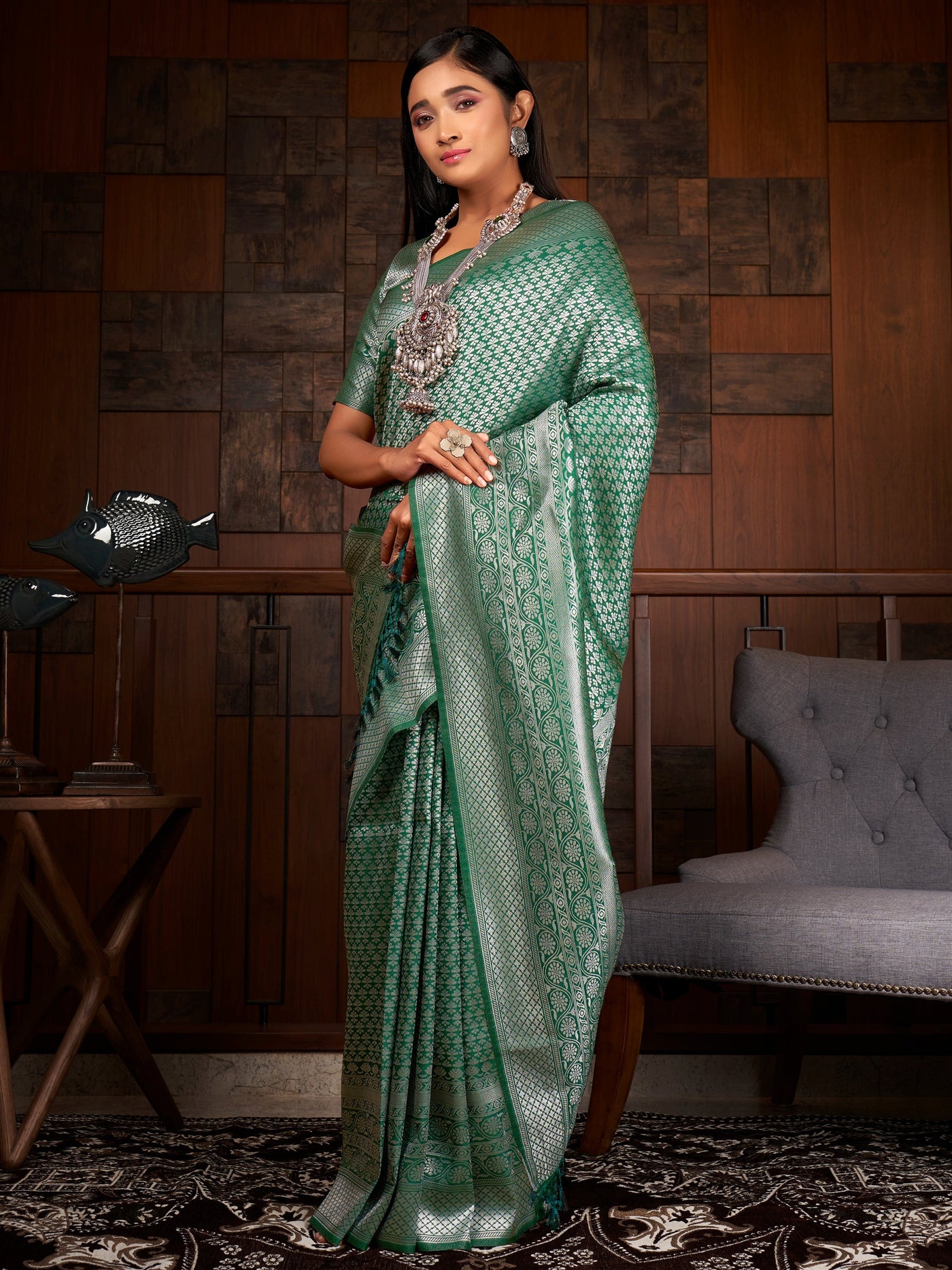 Teal Green Silver Zari Kanjeevaram Silk Saree