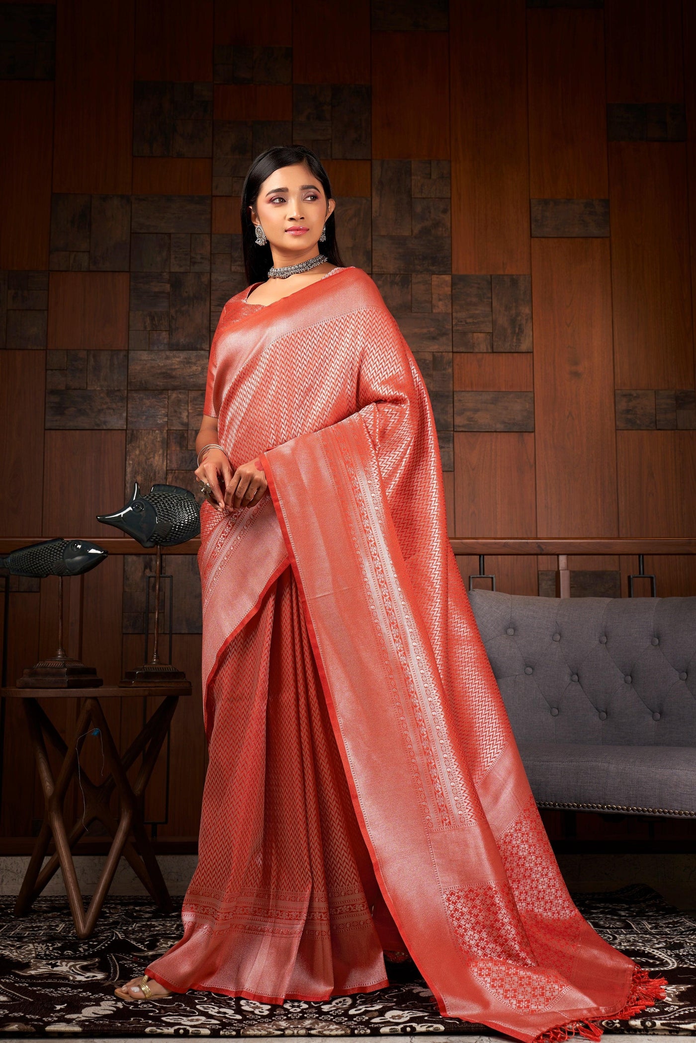 Crimson Red Silver Zari Kanjeevaram Silk Saree - House of Vardha