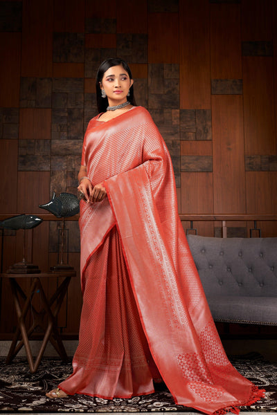 Crimson Red Silver Zari Kanjeevaram Silk Saree - House of Vardha