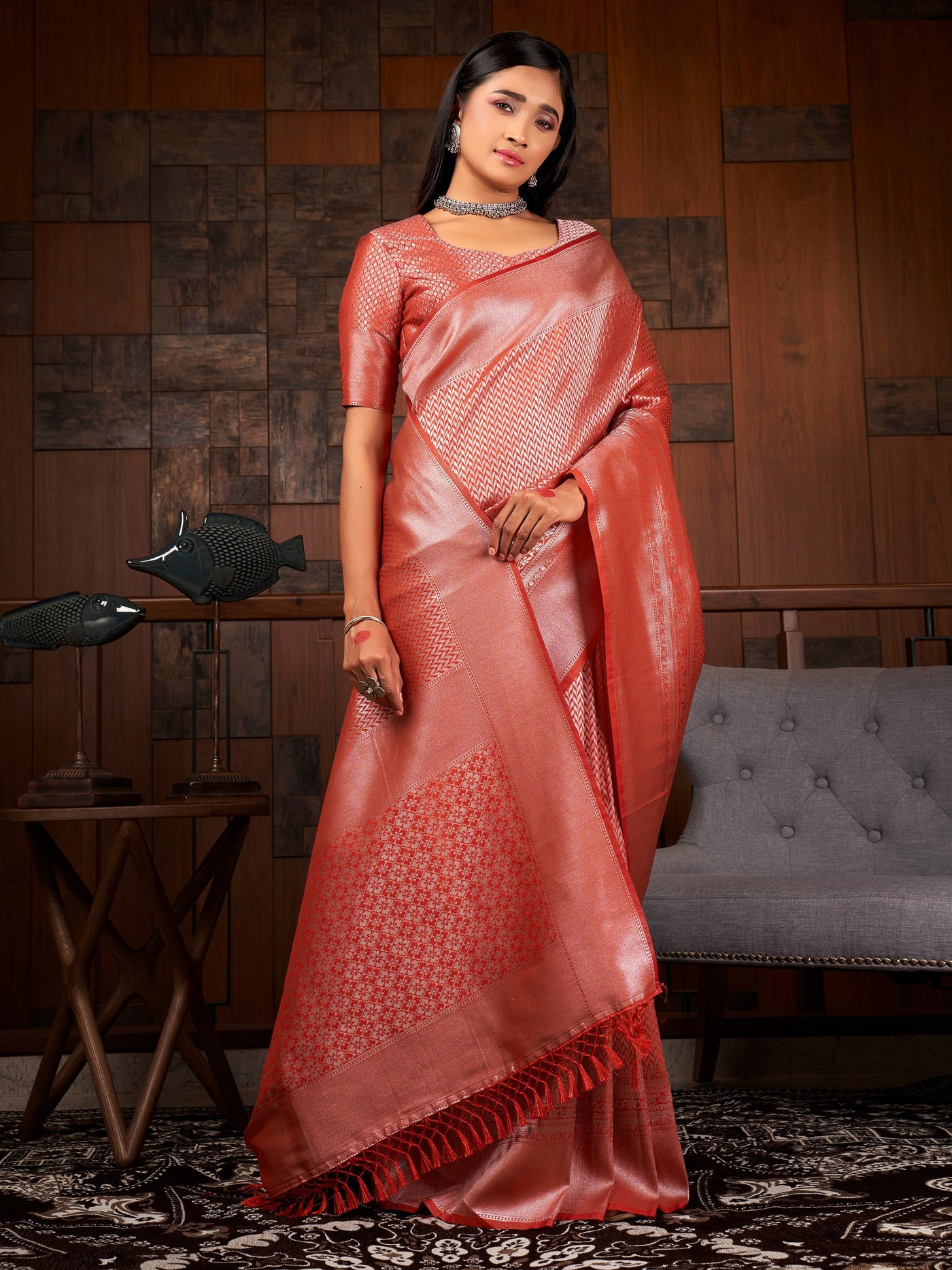 Crimson Red Silver Zari Kanjeevaram Silk Saree - House of Vardha