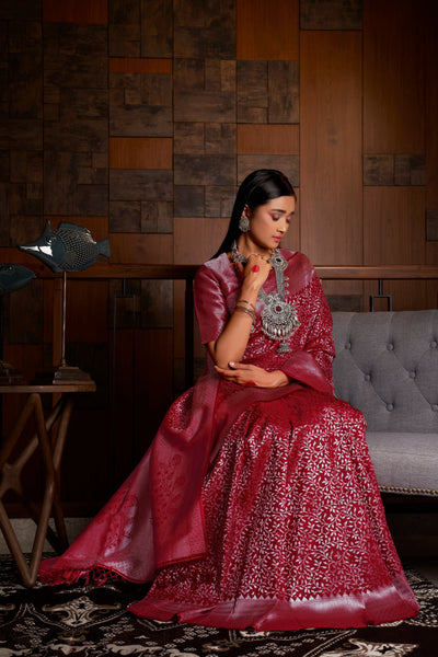 Merlot Red Silver Zari Kanjeevaram Silk Saree