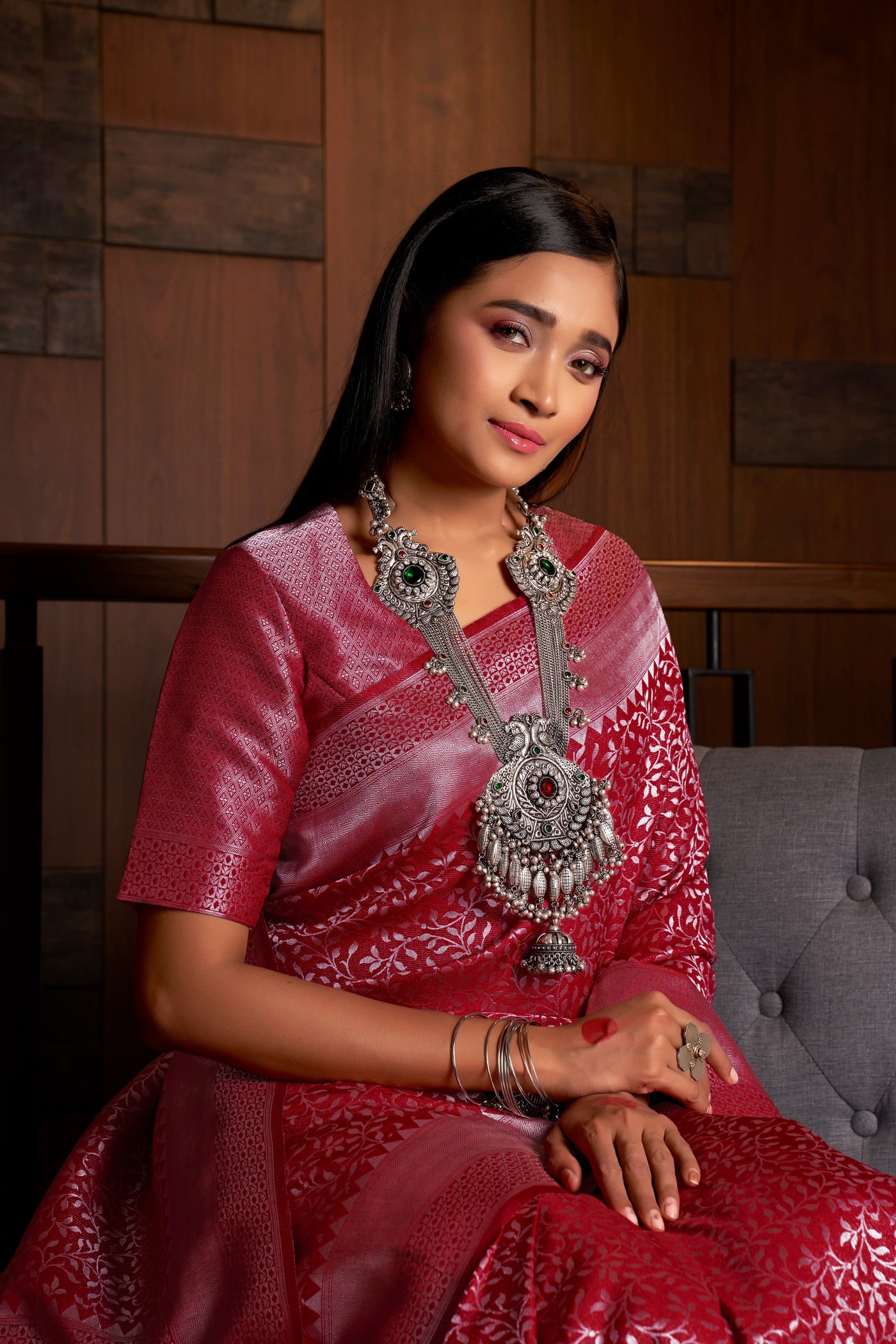 Merlot Red Silver Zari Kanjeevaram Silk Saree