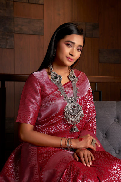 Merlot Red Silver Zari Kanjeevaram Silk Saree