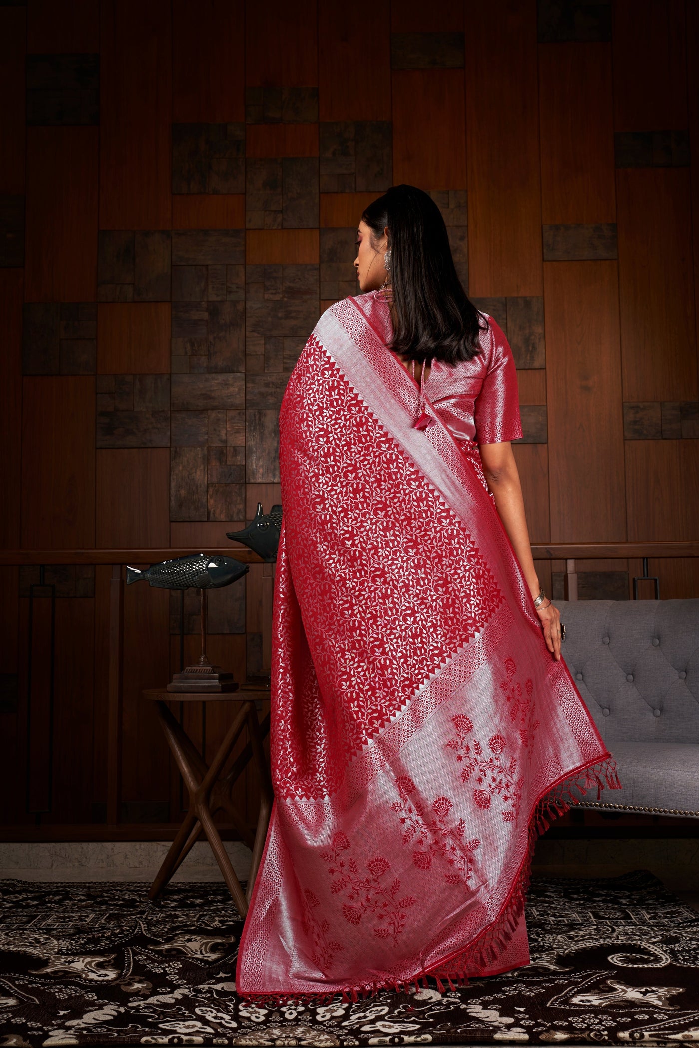 Merlot Red Silver Zari Kanjeevaram Silk Saree