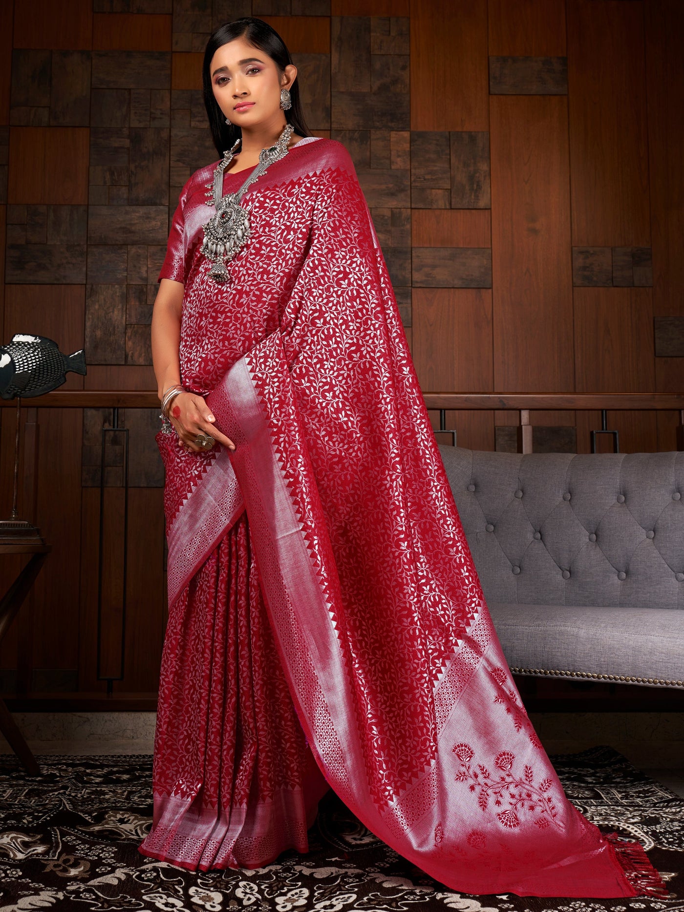 Merlot Red Silver Zari Kanjeevaram Silk Saree