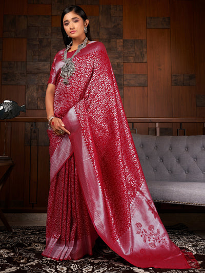 Merlot Red Silver Zari Kanjeevaram Silk Saree