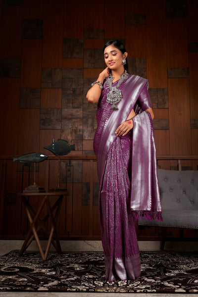 Plum Purple Silver Zari Kanjeevaram Silk Saree