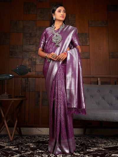 Plum Purple Silver Zari Kanjeevaram Silk Saree