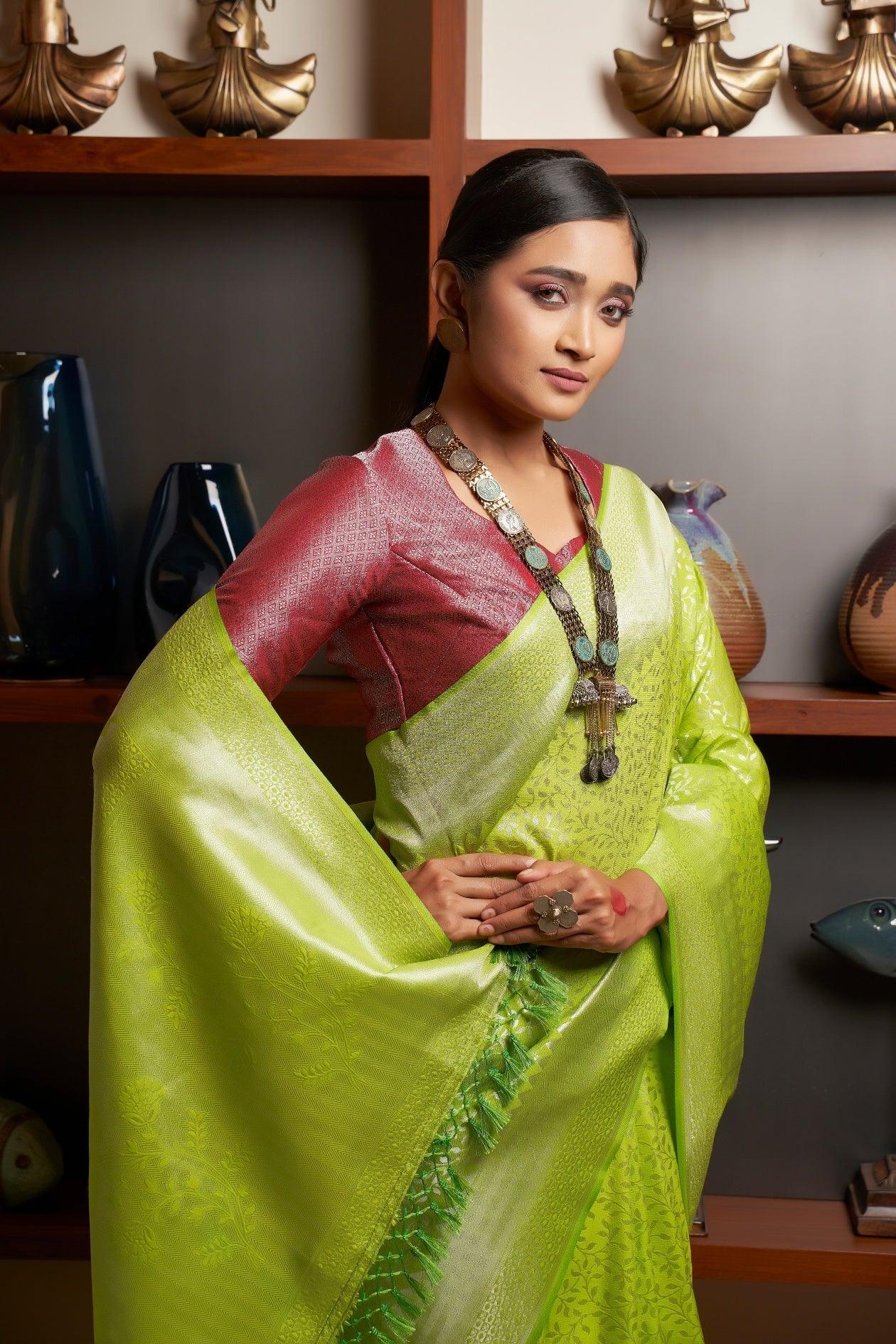 Chartreuse Green Silver Zari Kanjeevaram Silk Saree - House of Vardha