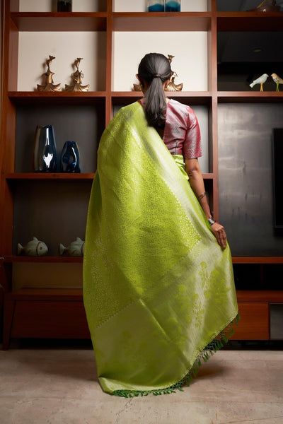 Chartreuse Green Silver Zari Kanjeevaram Silk Saree - House of Vardha