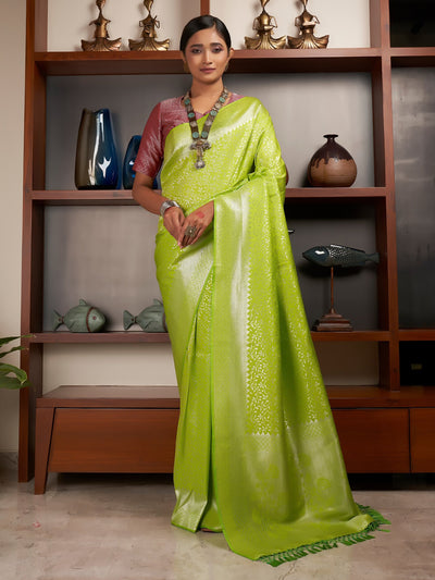 Chartreuse Green Silver Zari Kanjeevaram Silk Saree - House of Vardha