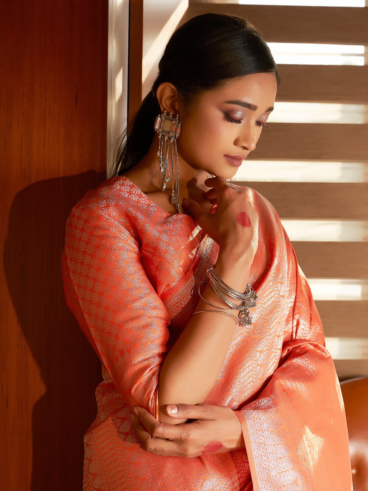 Peach Orange Silver Zari Kanjeevaram Silk Saree