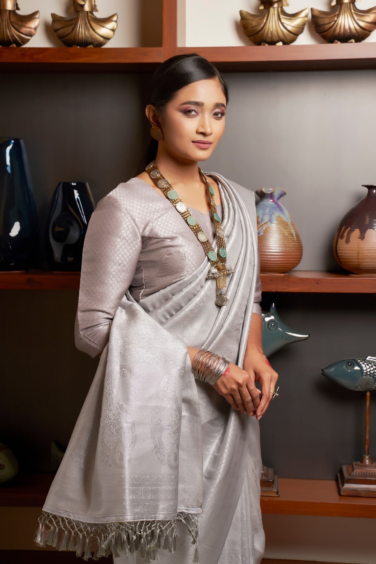 Platinum Grey Silver Zari Kanjeevaram Silk Saree