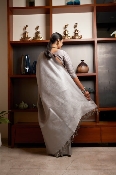 Platinum Grey Silver Zari Kanjeevaram Silk Saree