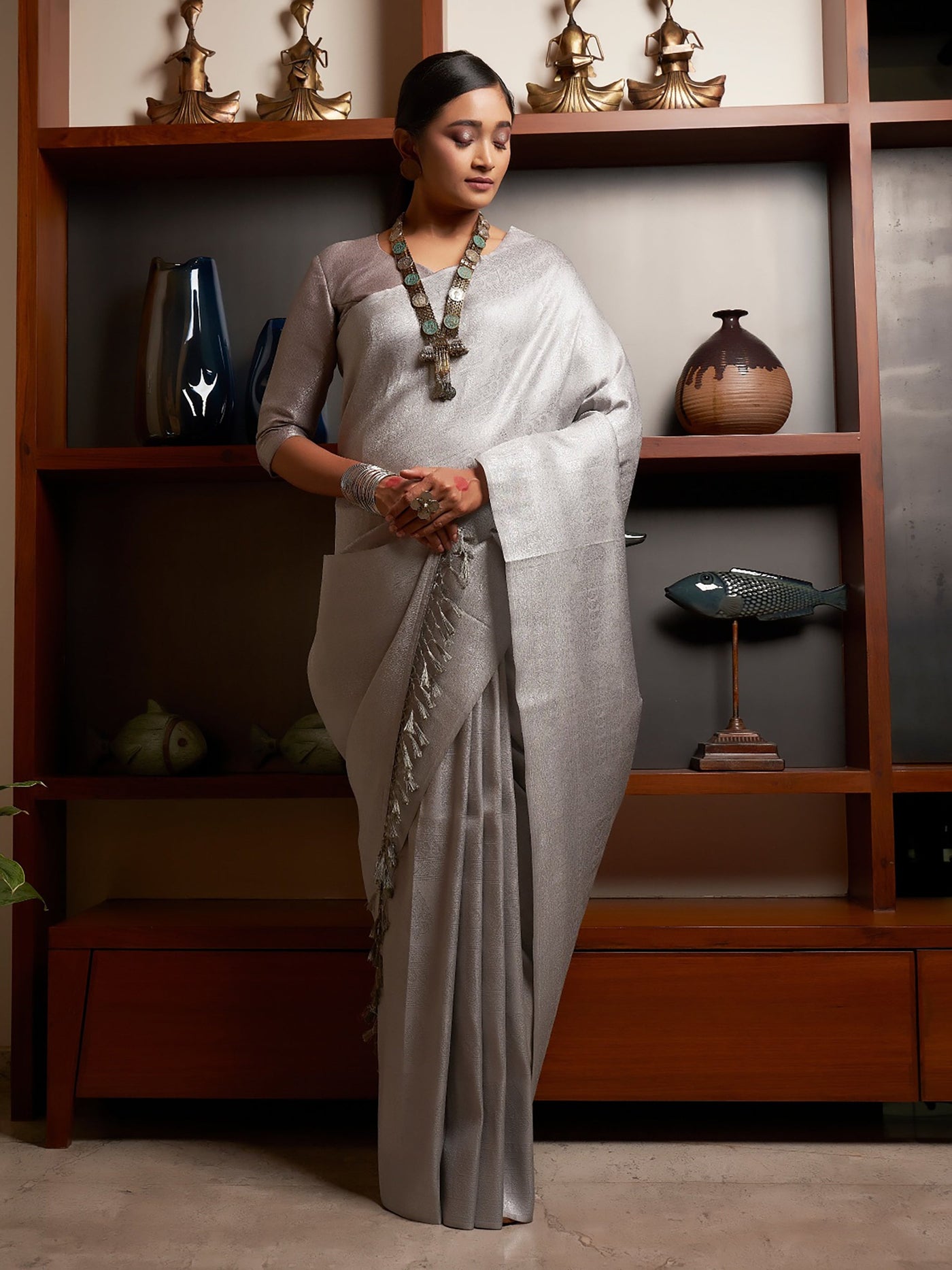 Buy Silver Grey Foil Saree In Tissue With Cut Dana Embroidered Borders
