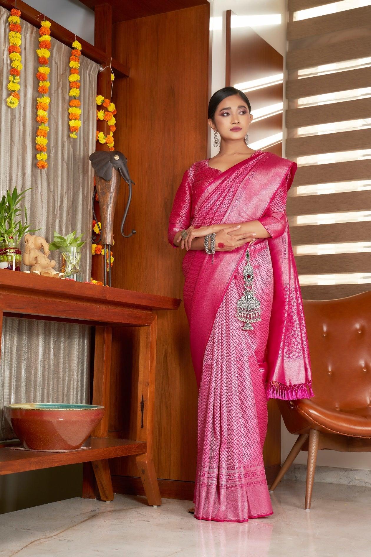 Candy Apple Red Silver Zari Kanjeevaram Silk Saree - House of Vardha