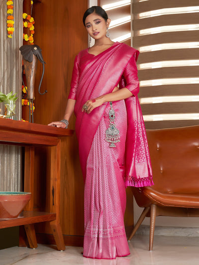 Candy Apple Red Silver Zari Kanjeevaram Silk Saree - House of Vardha