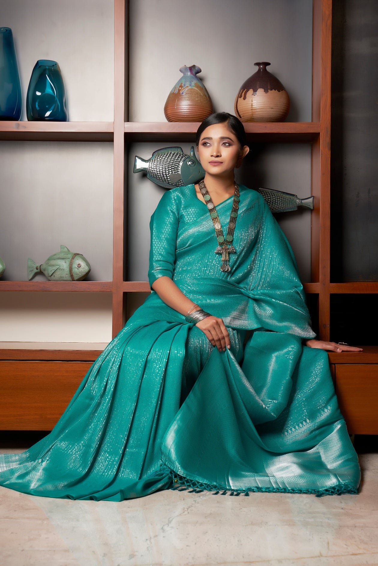 Sapphire Green Silver Zari Kanjeevaram Silk Saree