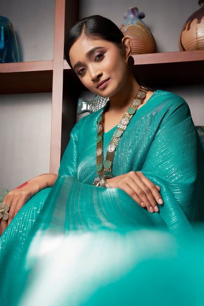 Sapphire Green Silver Zari Kanjeevaram Silk Saree