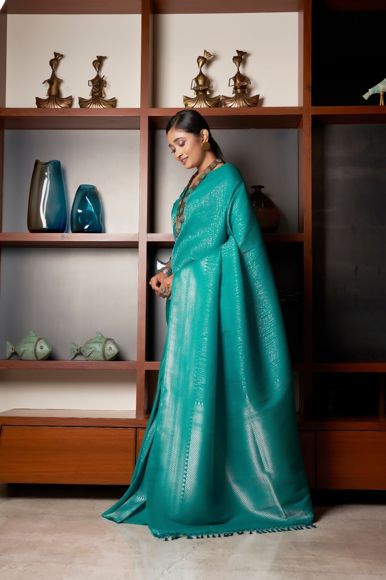 Sapphire Green Silver Zari Kanjeevaram Silk Saree