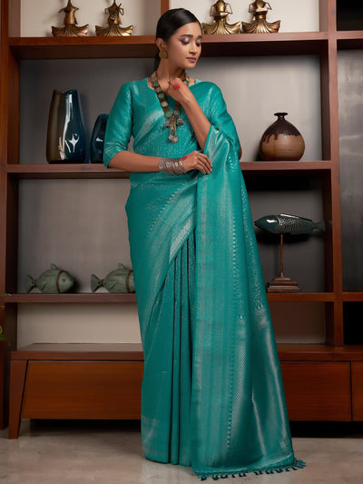 Sapphire Green Silver Zari Kanjeevaram Silk Saree