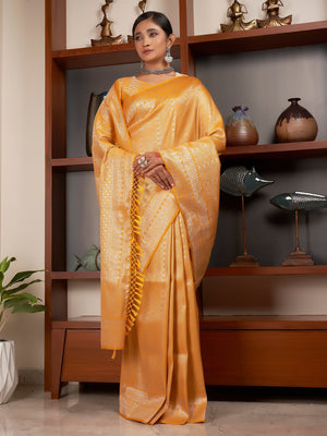 Dandelion Yellow Silver Zari Kanjeevaram Silk Saree - House of Vardha