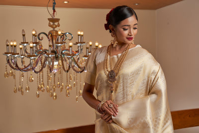 Ivory White Golden Zari Kanjeevaram Silk Saree
