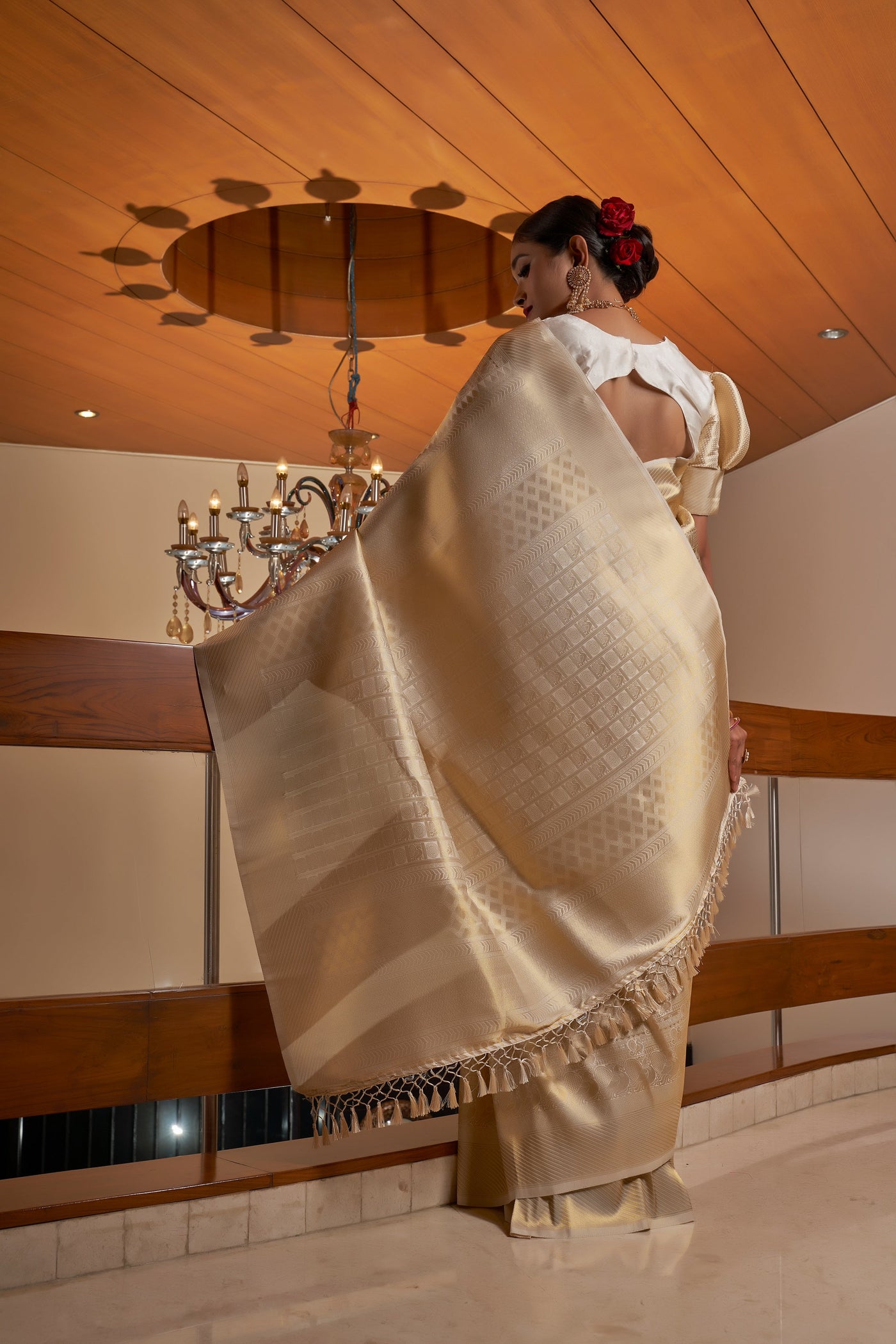 Ivory White Golden Zari Kanjeevaram Silk Saree