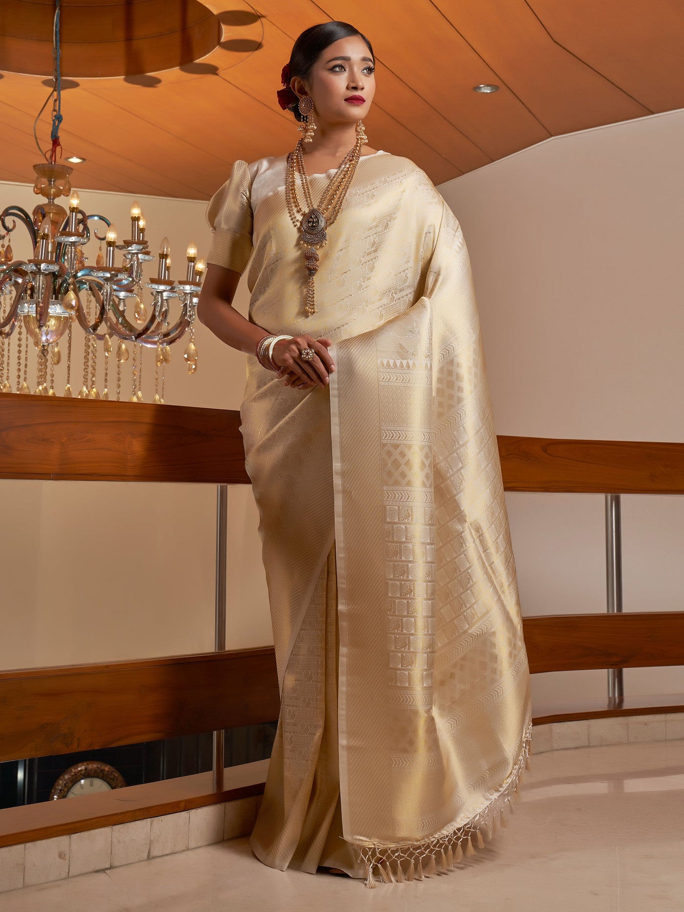 Ivory White Golden Zari Kanjeevaram Silk Saree
